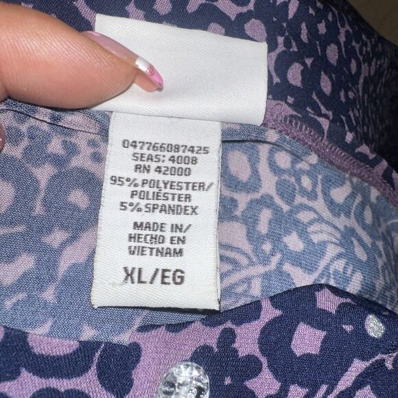 Jaclyn Smith Purple Black Floral Maxi Dress Faux Buttons Silver Sparkle Size XL - Picture 9 of 9